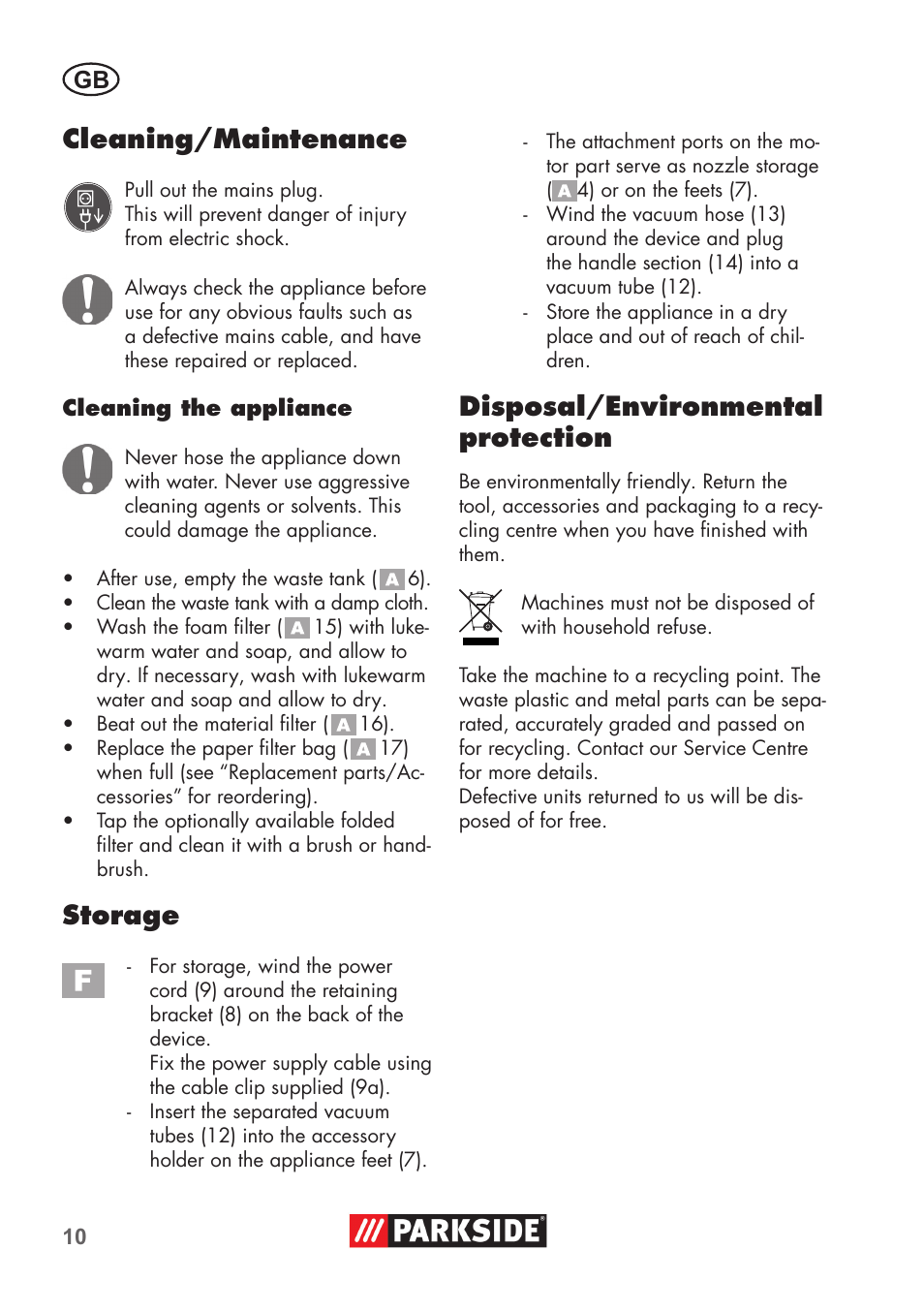 Cleaning/maintenance, Storage, Disposal/environmental protection | Parkside PNTS 1300 C3 User Manual | Page 10 / 68