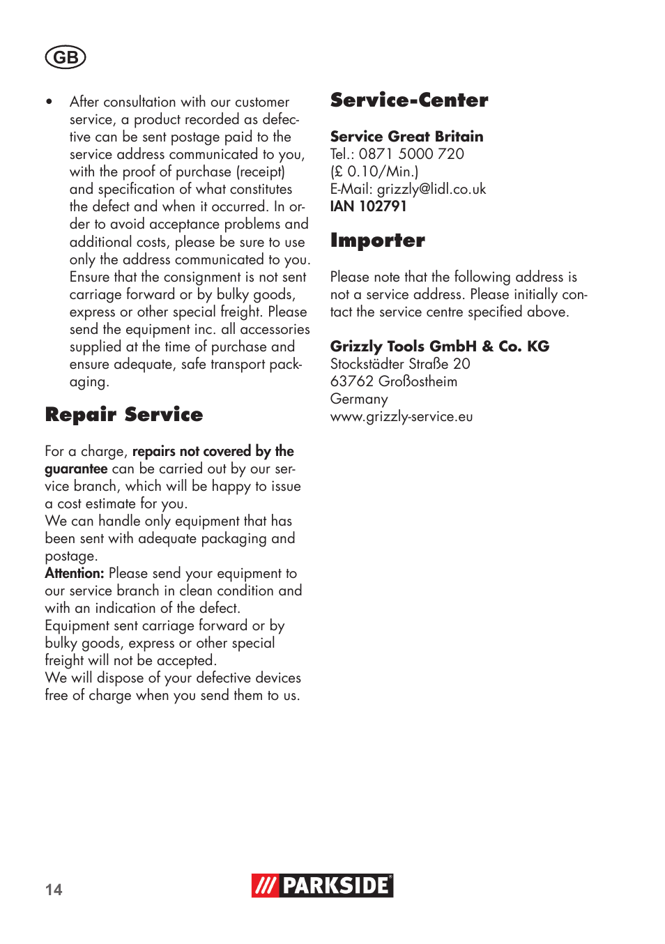 Repair service, Service-center, Importer | Parkside PNTS 1300 C3 User Manual | Page 14 / 68