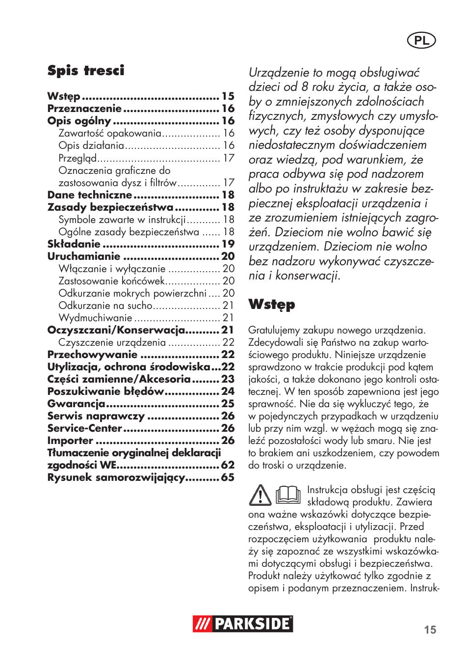 Spis tresci, Wstęp | Parkside PNTS 1300 C3 User Manual | Page 15 / 68