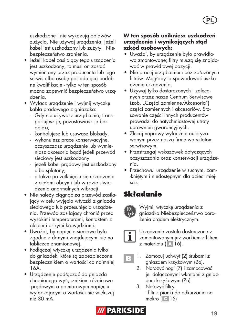 Składanie | Parkside PNTS 1300 C3 User Manual | Page 19 / 68