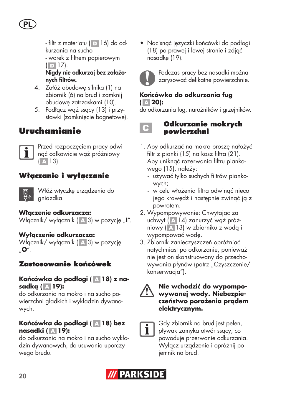 Uruchamianie | Parkside PNTS 1300 C3 User Manual | Page 20 / 68