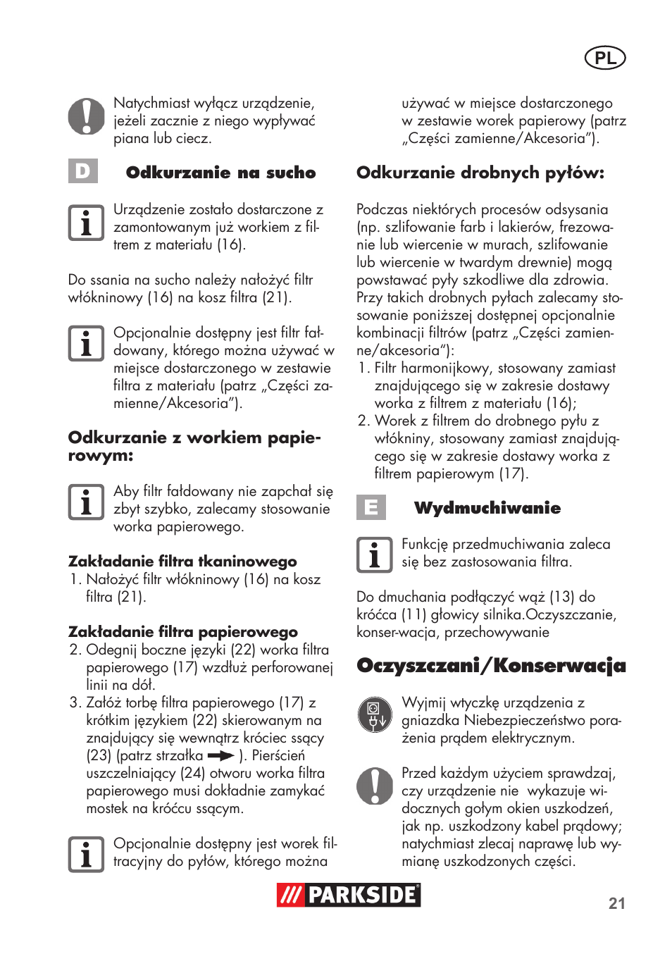 Oczyszczani/konserwacja | Parkside PNTS 1300 C3 User Manual | Page 21 / 68