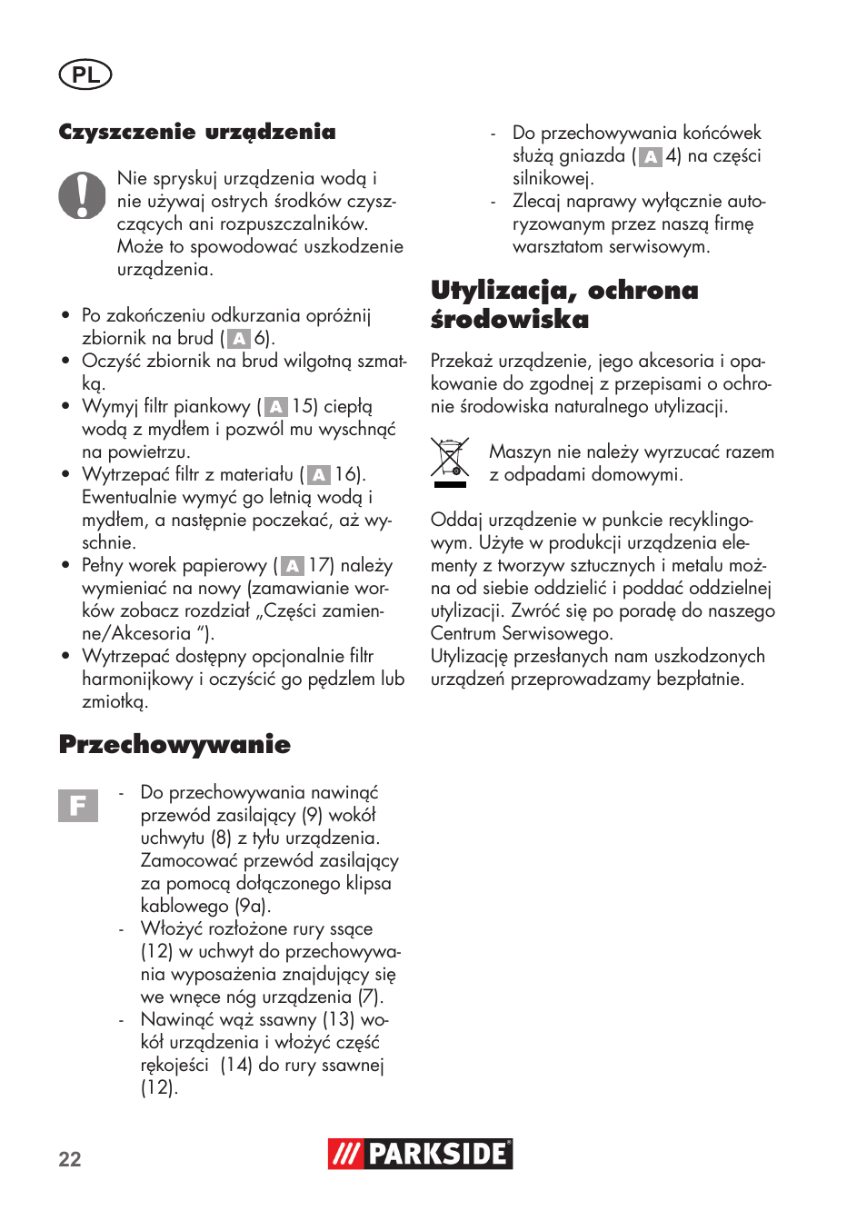 Przechowywanie, Utylizacja, ochrona środowiska | Parkside PNTS 1300 C3 User Manual | Page 22 / 68