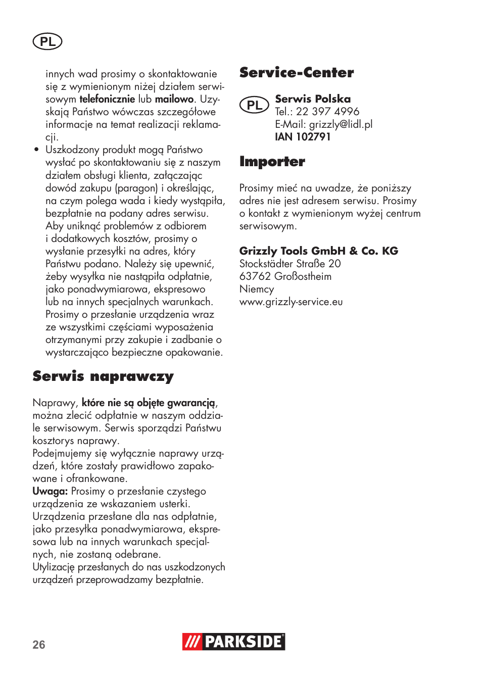 Serwis naprawczy, Service-center, Importer | Parkside PNTS 1300 C3 User Manual | Page 26 / 68