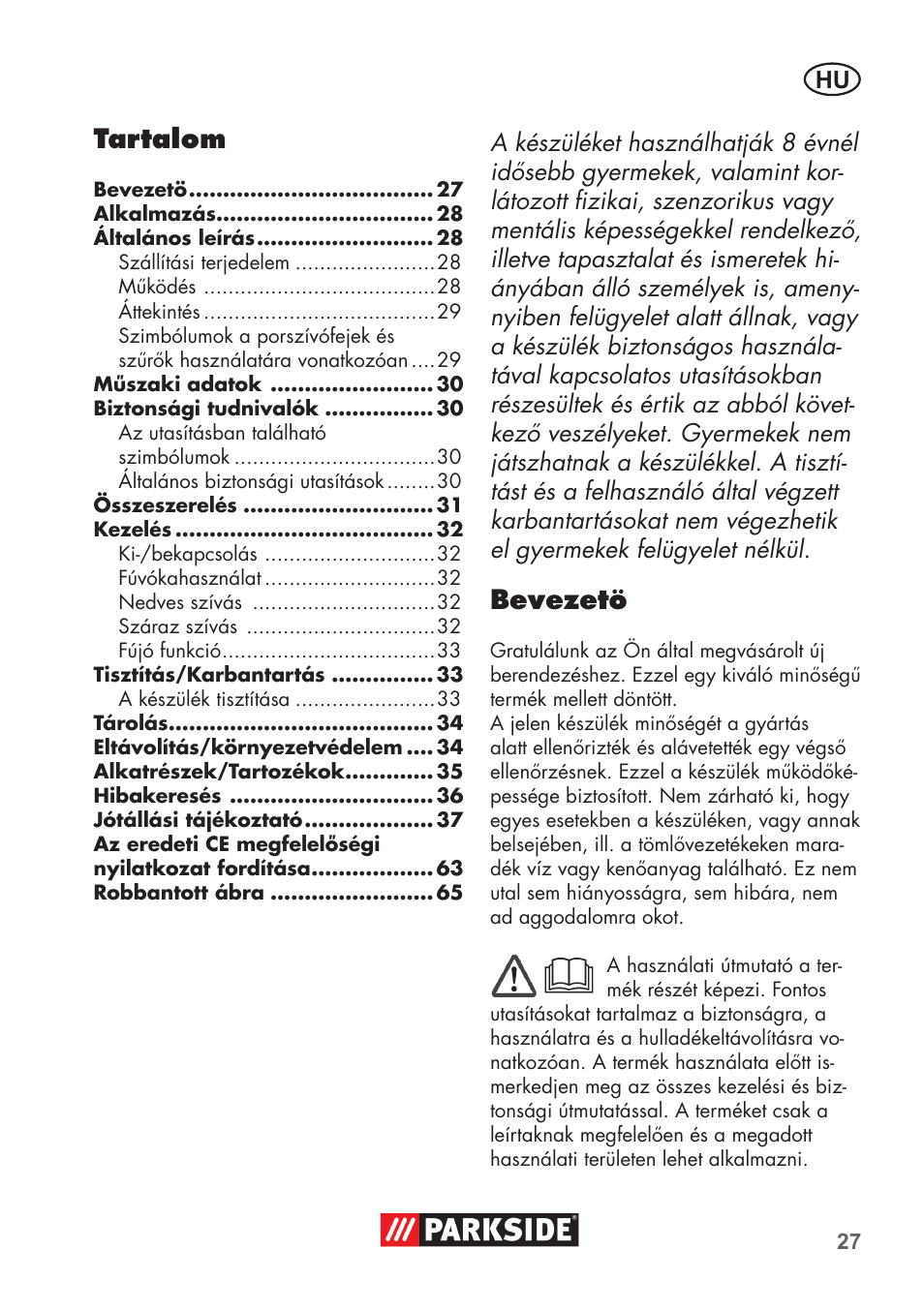 Tartalom, Bevezetö | Parkside PNTS 1300 C3 User Manual | Page 27 / 68