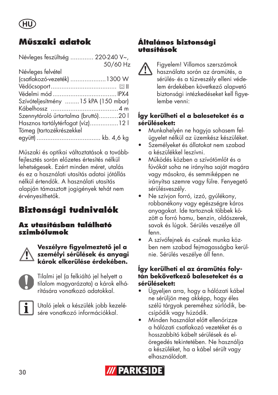 Műszaki adatok, Biztonsági tudnivalók | Parkside PNTS 1300 C3 User Manual | Page 30 / 68