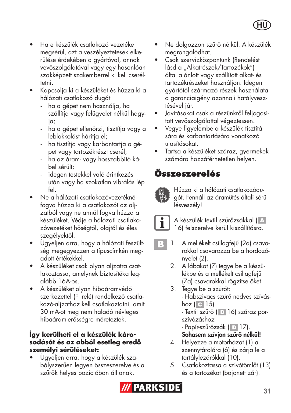 Összeszerelés | Parkside PNTS 1300 C3 User Manual | Page 31 / 68