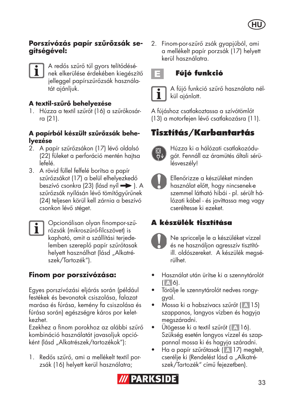 Tisztítás/karbantartás | Parkside PNTS 1300 C3 User Manual | Page 33 / 68