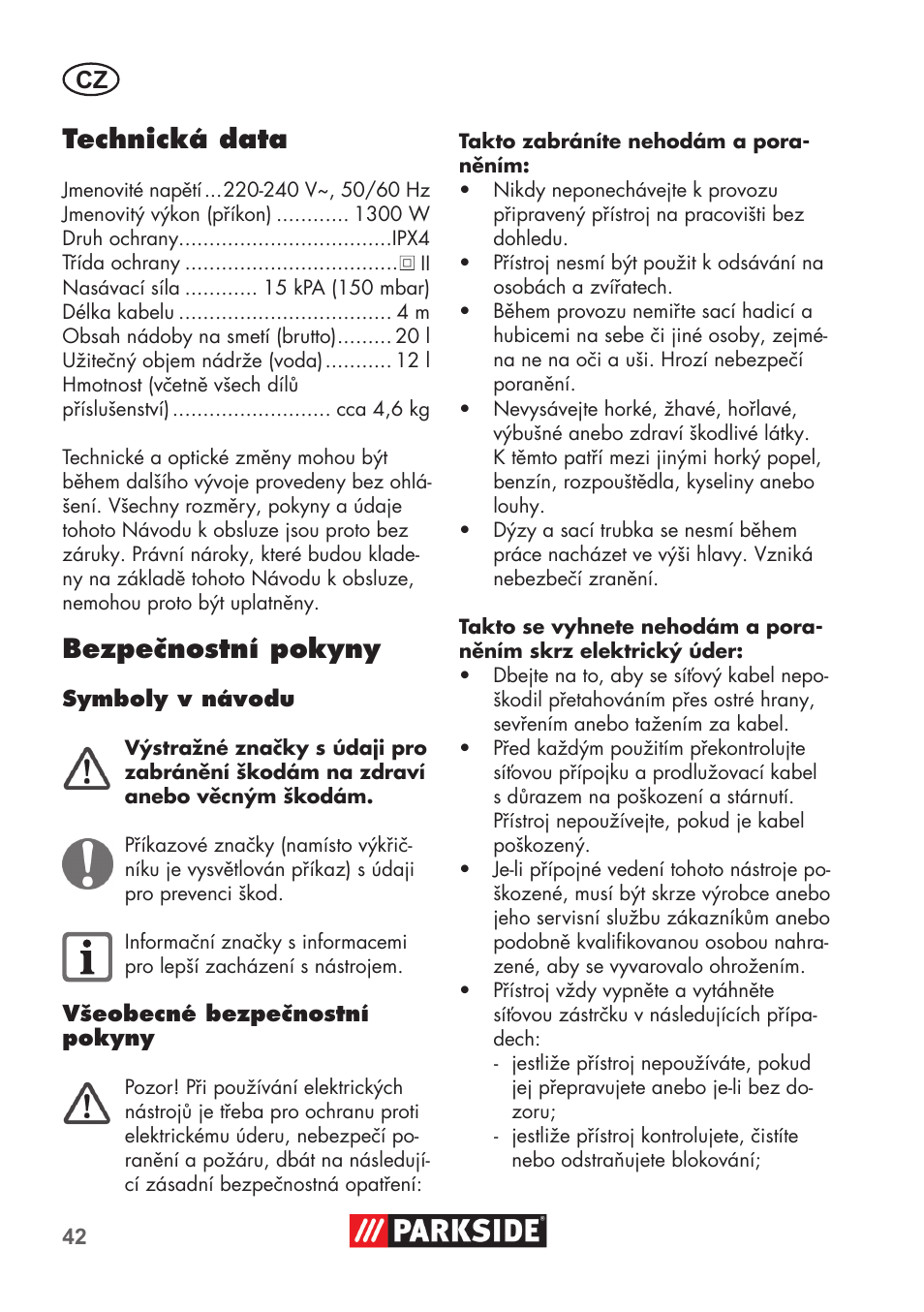 Technická data, Bezpečnostní pokyny | Parkside PNTS 1300 C3 User Manual | Page 42 / 68