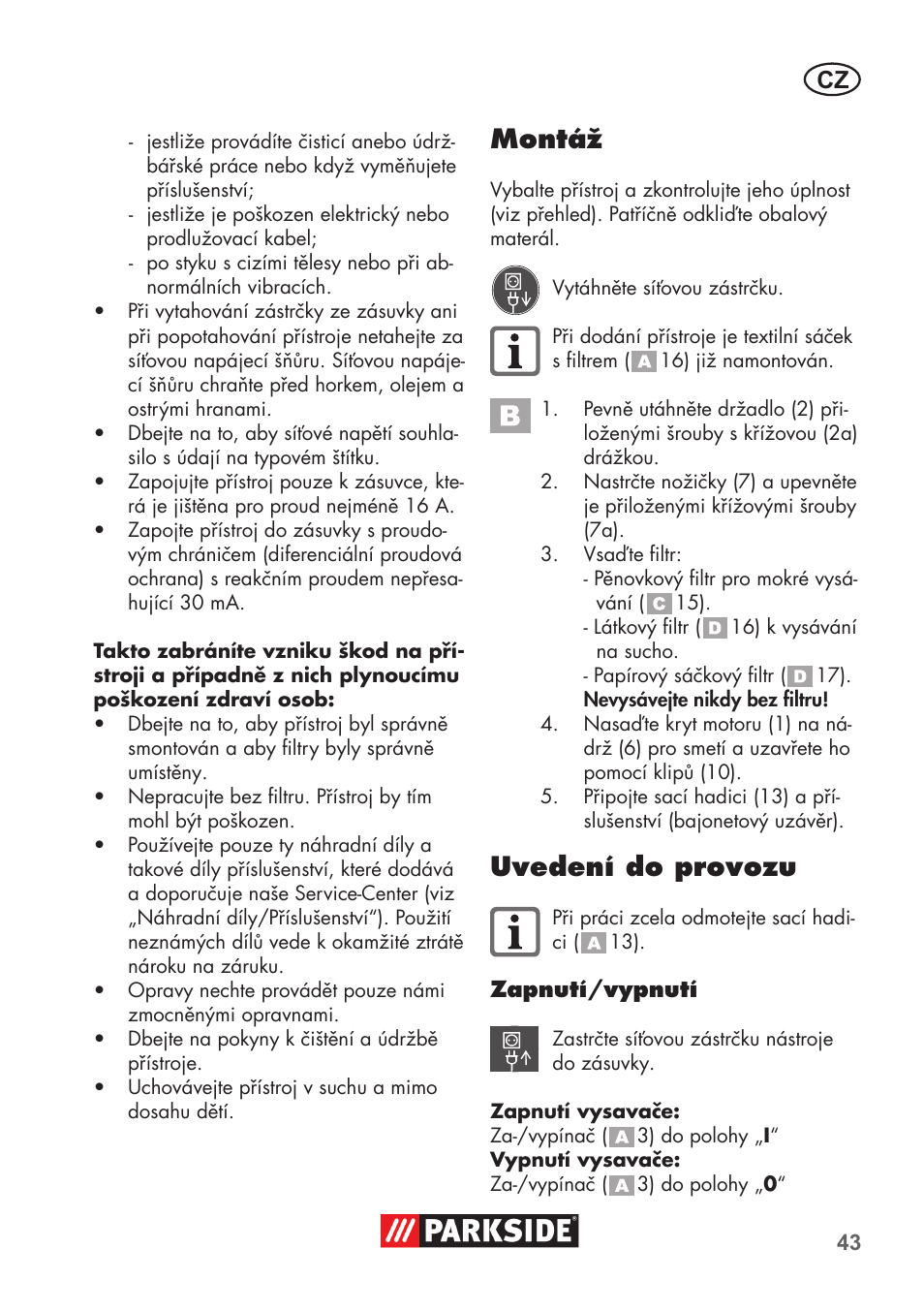 Montáž, Uvedení do provozu | Parkside PNTS 1300 C3 User Manual | Page 43 / 68