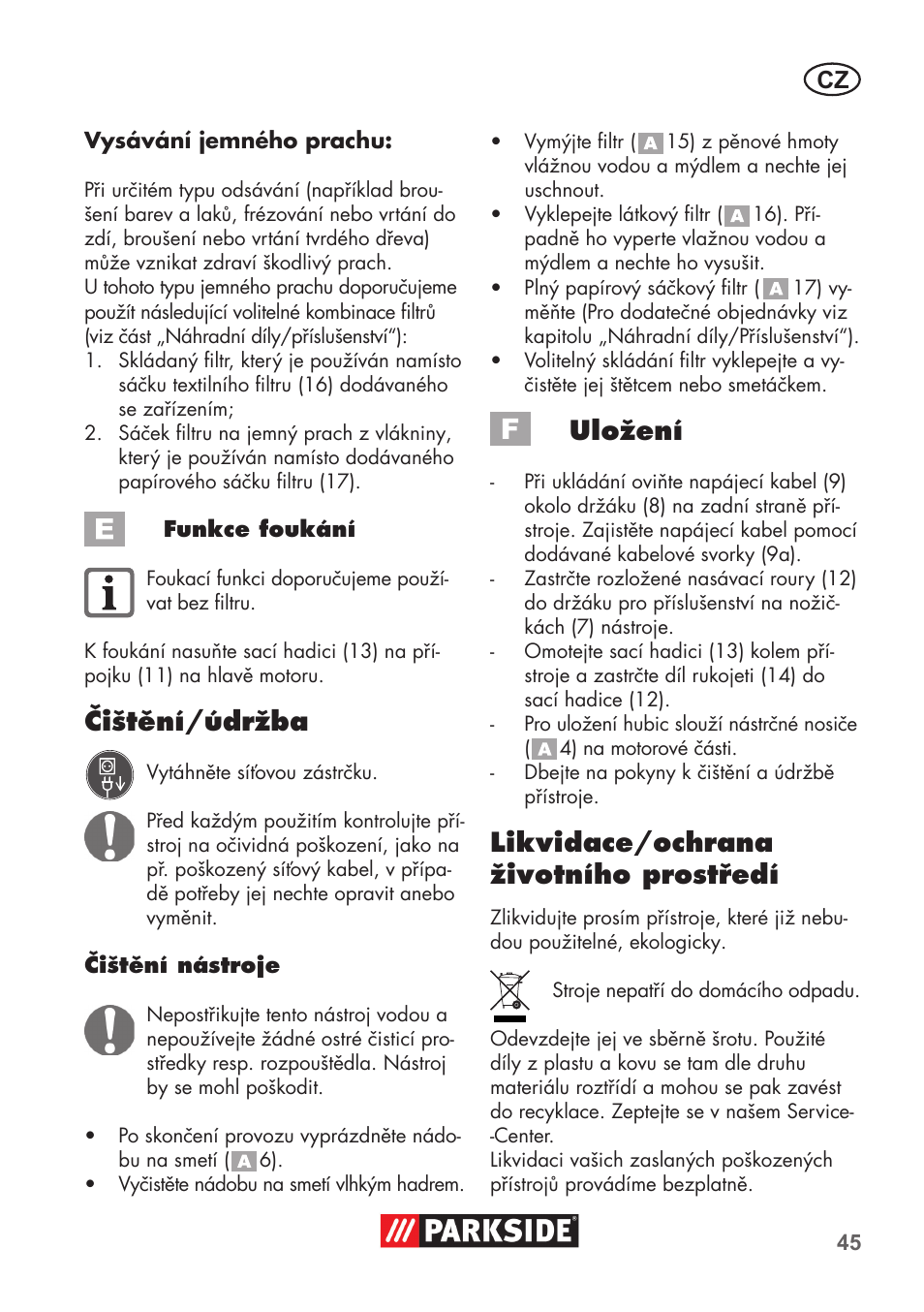 Čištění/údržba, Uložení, Likvidace/ochrana životního prostředí | Parkside PNTS 1300 C3 User Manual | Page 45 / 68