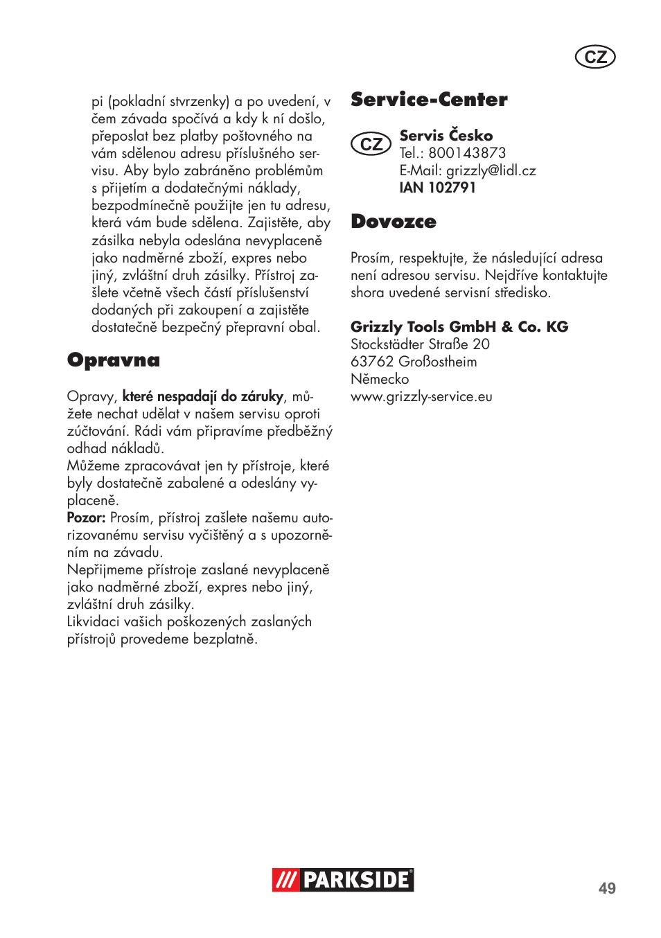 Opravna, Service-center, Dovozce | Parkside PNTS 1300 C3 User Manual | Page 49 / 68