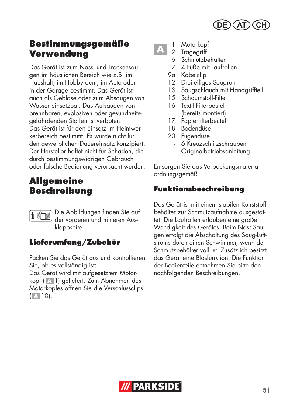 Bestimmungsgemäße verwendung, Allgemeine beschreibung, De at ch | Parkside PNTS 1300 C3 User Manual | Page 51 / 68