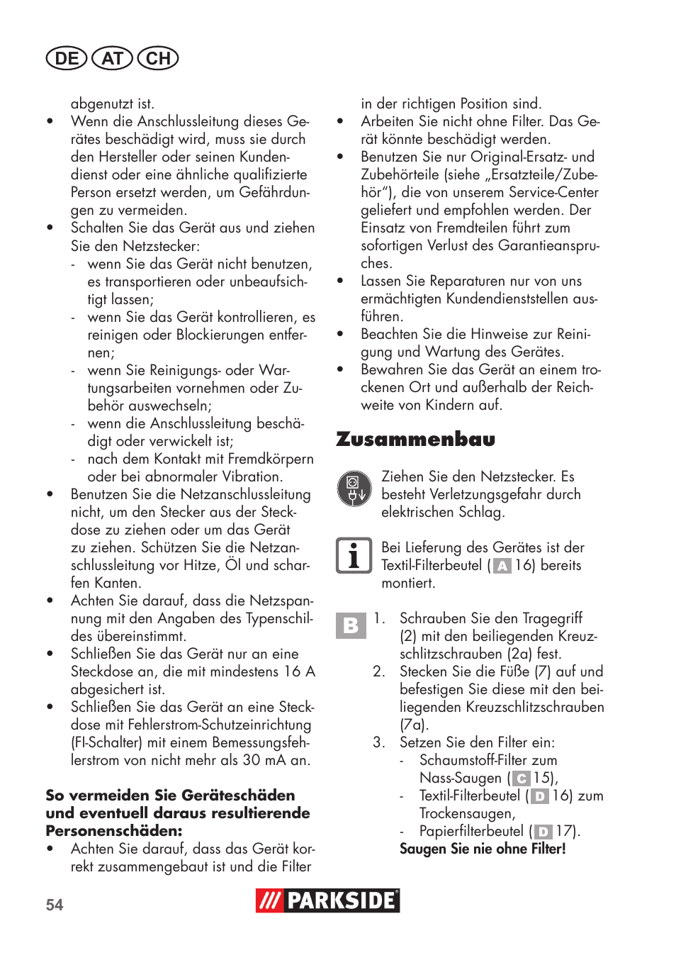 Zusammenbau, De at ch | Parkside PNTS 1300 C3 User Manual | Page 54 / 68