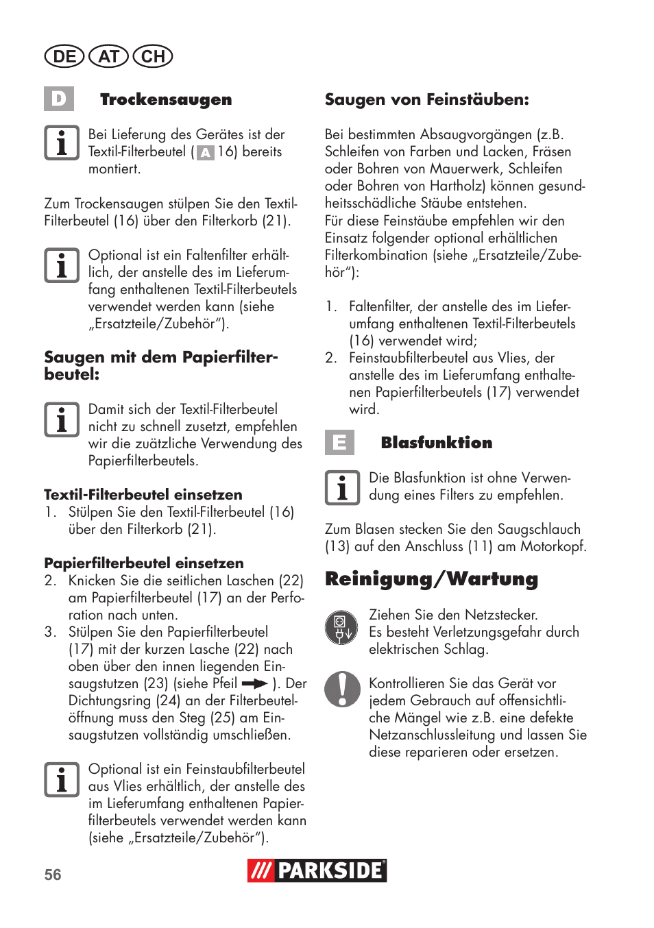 Reinigung/wartung, De at ch | Parkside PNTS 1300 C3 User Manual | Page 56 / 68