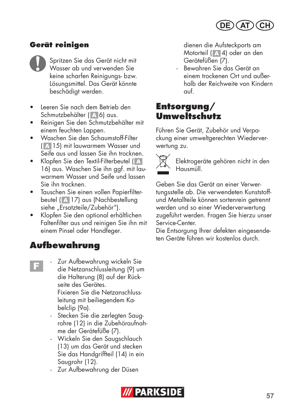 Aufbewahrung, Entsorgung/ umweltschutz, De at ch | Parkside PNTS 1300 C3 User Manual | Page 57 / 68