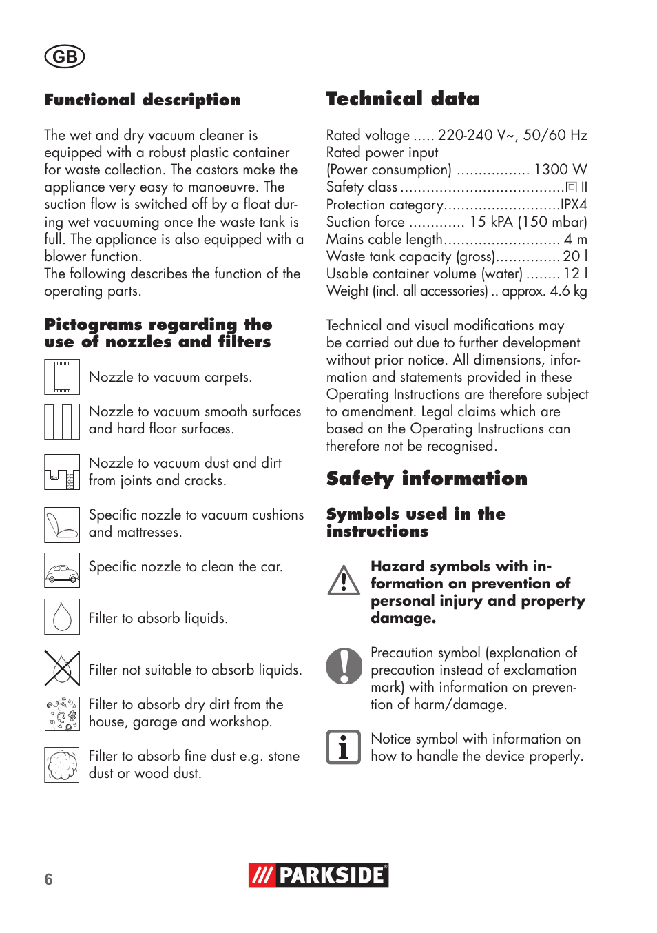 Technical data, Safety information | Parkside PNTS 1300 C3 User Manual | Page 6 / 68
