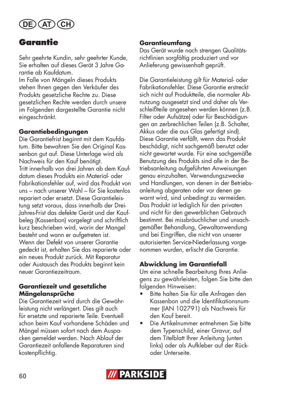 Garantie, De at ch | Parkside PNTS 1300 C3 User Manual | Page 60 / 68