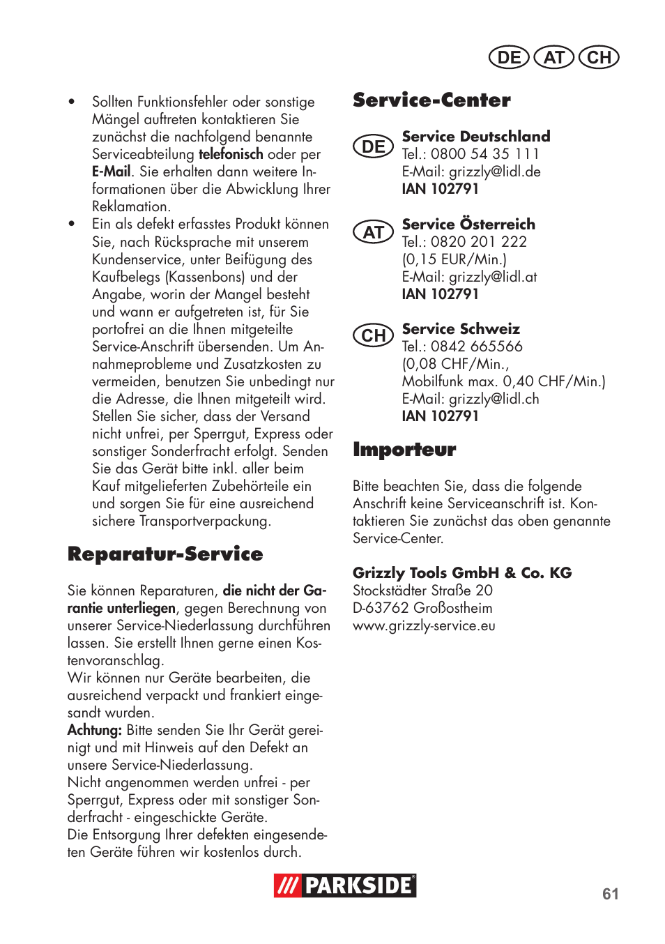 Reparatur-service, Service-center, Importeur | De at ch | Parkside PNTS 1300 C3 User Manual | Page 61 / 68