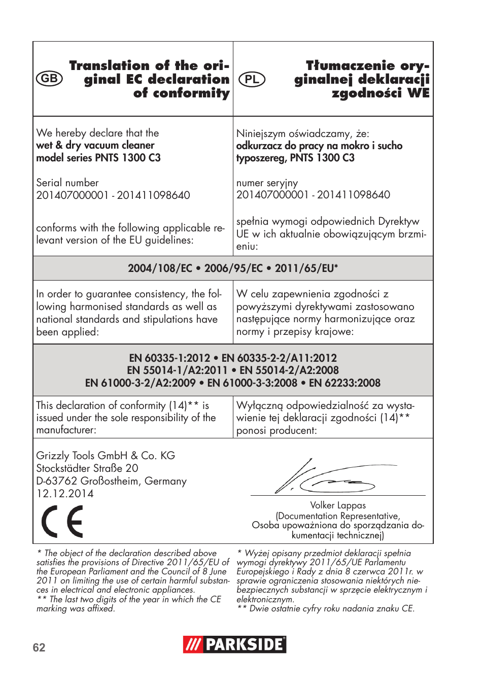 Parkside PNTS 1300 C3 User Manual | Page 62 / 68