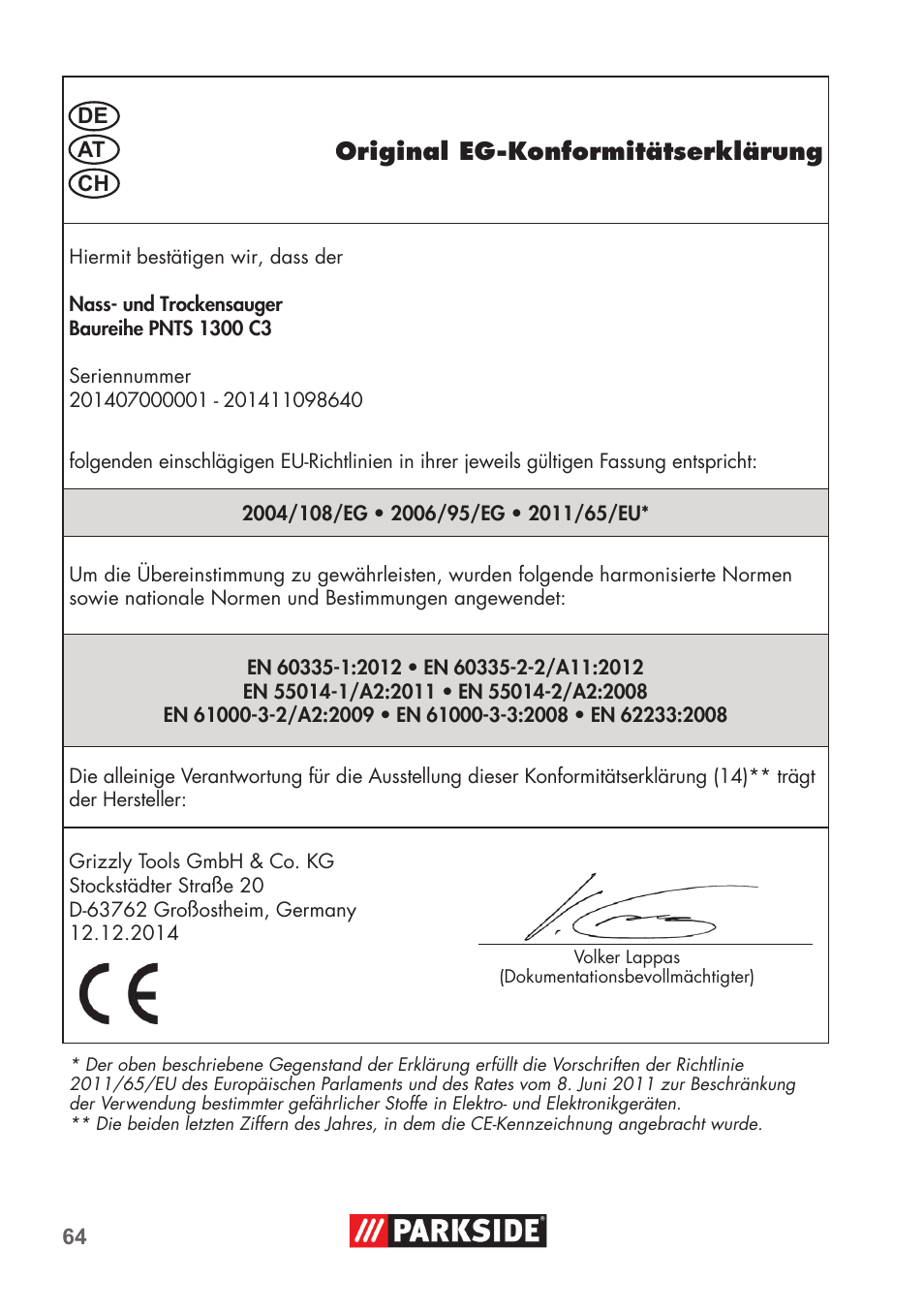 Original eg-konformitätserklärung | Parkside PNTS 1300 C3 User Manual | Page 64 / 68