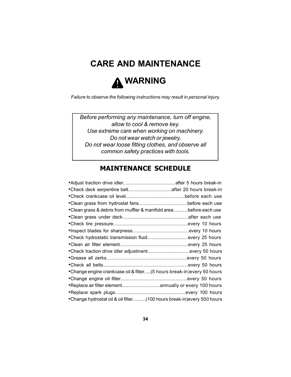 Care and maintenance, Warning, Maintenance schedule | Dixon Black Bear 11249-0605 User Manual | Page 34 / 52