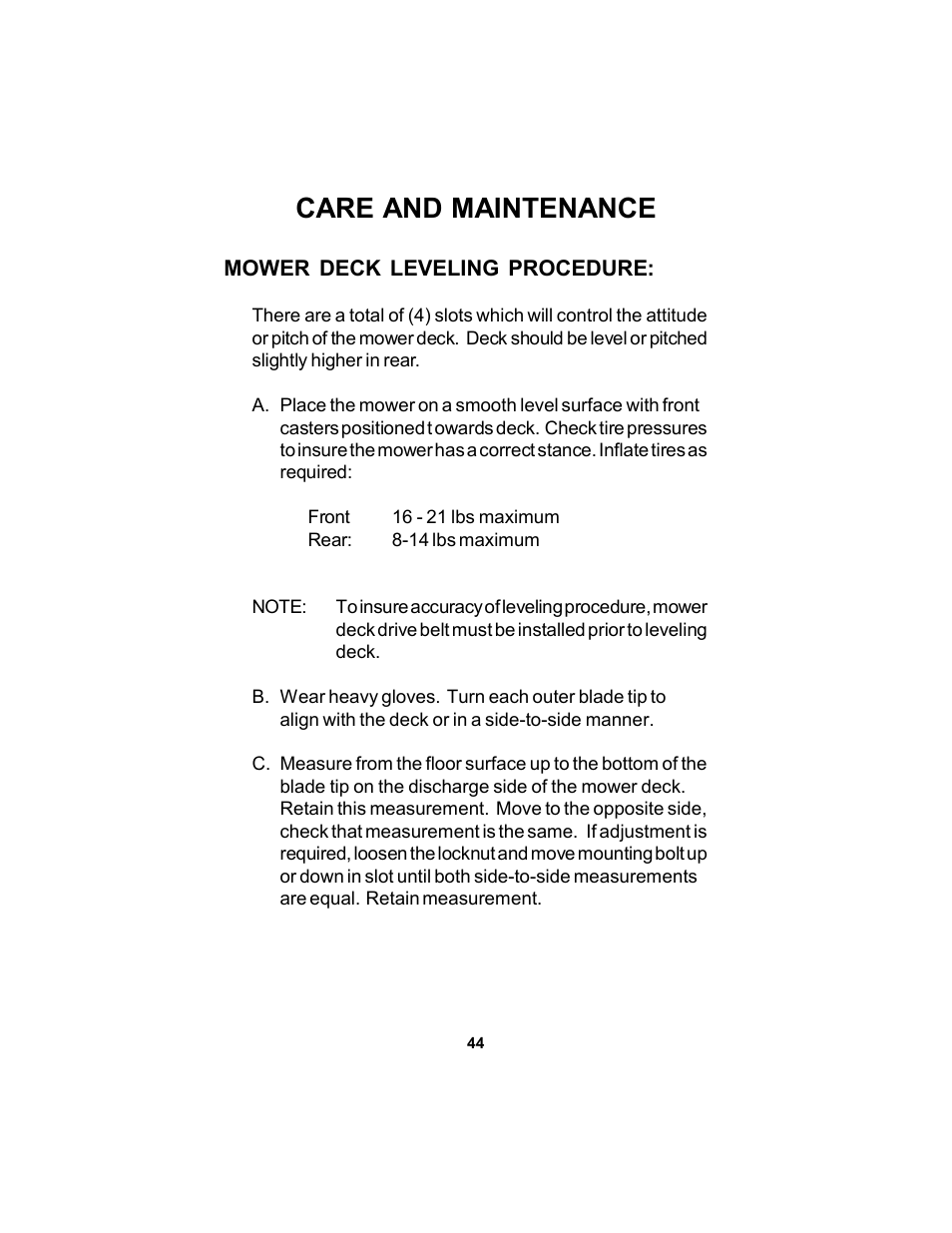 Care and maintenance | Dixon Black Bear 11249-0605 User Manual | Page 44 / 52