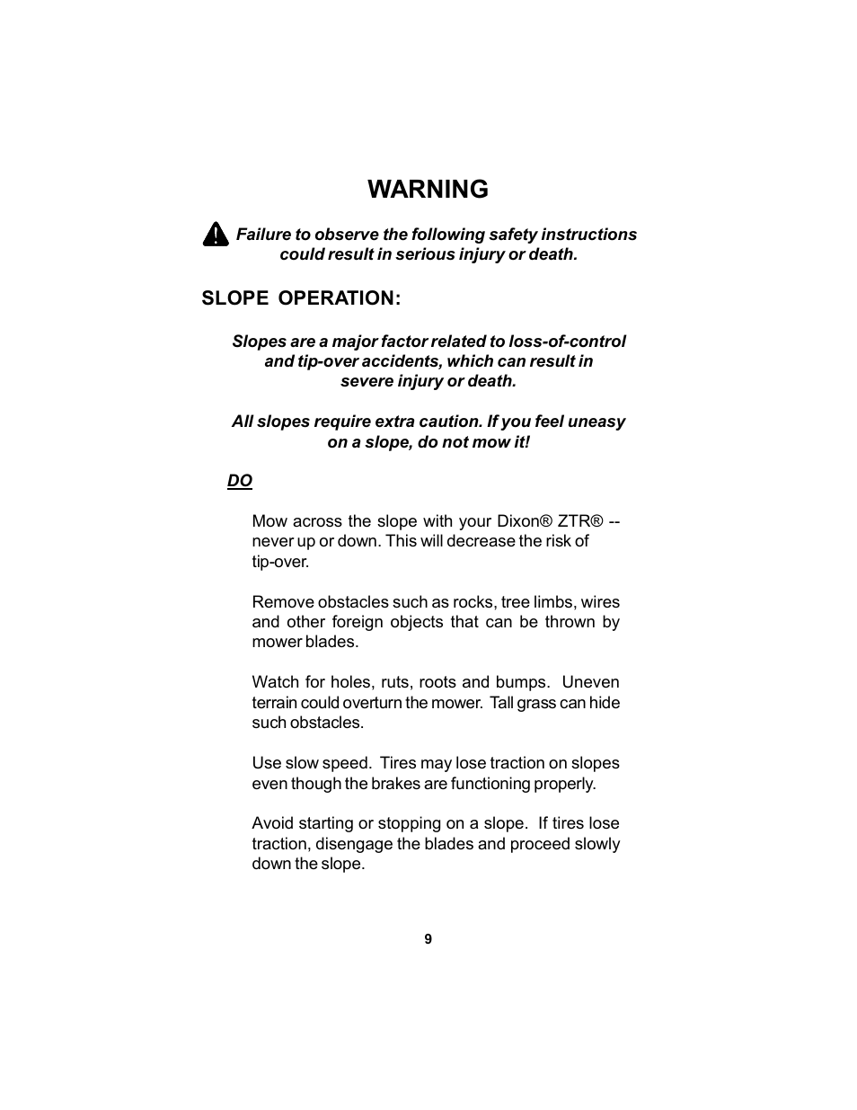 Warning | Dixon Black Bear 11249-0605 User Manual | Page 9 / 52