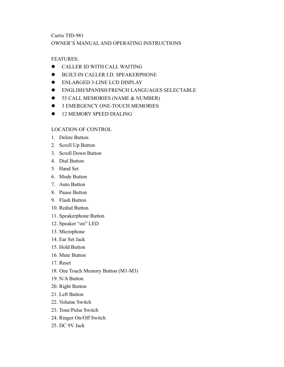 Curtis TID981 User Manual | 6 pages