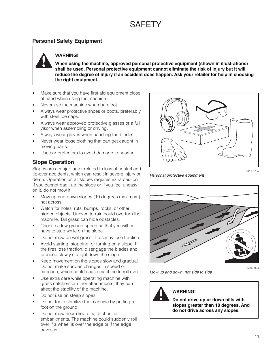 Personal safety equipment, Slope operation, Safety | Dixon Kodiak SE 5225 KOH CE User Manual | Page 11 / 64