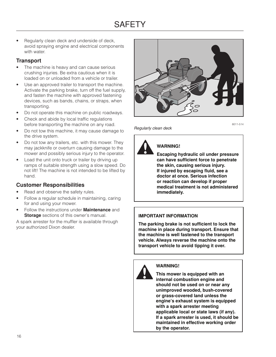 Transport, Customer responsibilities, Safety | Dixon Kodiak SE 5225 KOH CE User Manual | Page 16 / 64