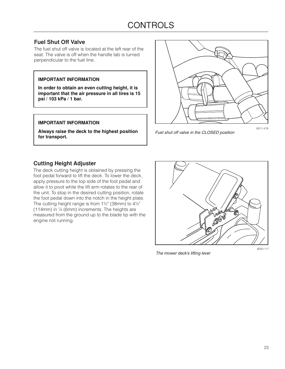 Fuel shut off valve, Cutting height adjuster, Controls | Dixon Kodiak SE 5225 KOH CE User Manual | Page 23 / 64