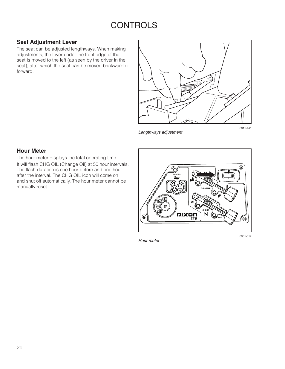 Seat adjustment lever, Hour meter, Controls | Dixon Kodiak SE 5225 KOH CE User Manual | Page 24 / 64