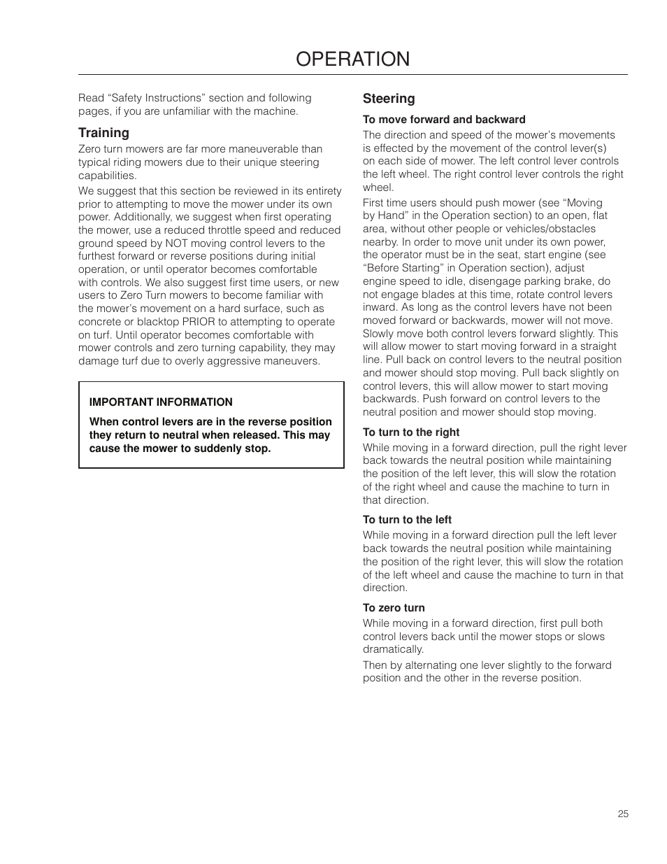 Operation, Training, Steering | Dixon Kodiak SE 5225 KOH CE User Manual | Page 25 / 64