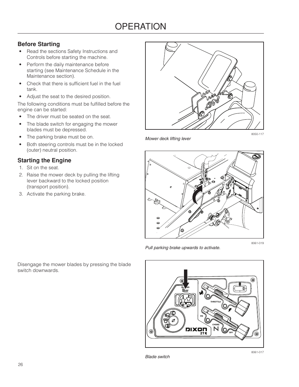 Before starting, Starting the engine, Operation | Dixon Kodiak SE 5225 KOH CE User Manual | Page 26 / 64