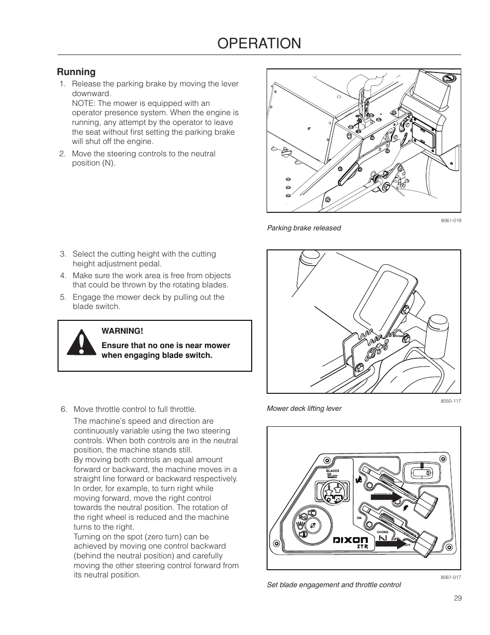 Running, Operation | Dixon Kodiak SE 5225 KOH CE User Manual | Page 29 / 64