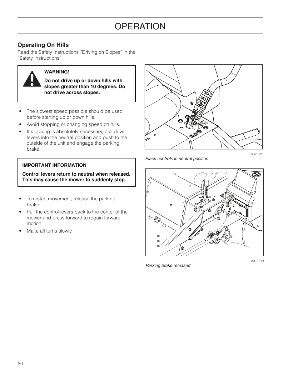 Operating on hills, Operation | Dixon Kodiak SE 5225 KOH CE User Manual | Page 30 / 64