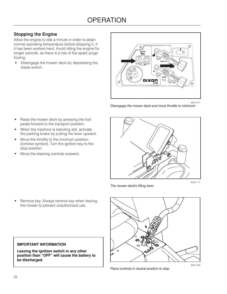 Stopping the engine, Operation | Dixon Kodiak SE 5225 KOH CE User Manual | Page 32 / 64