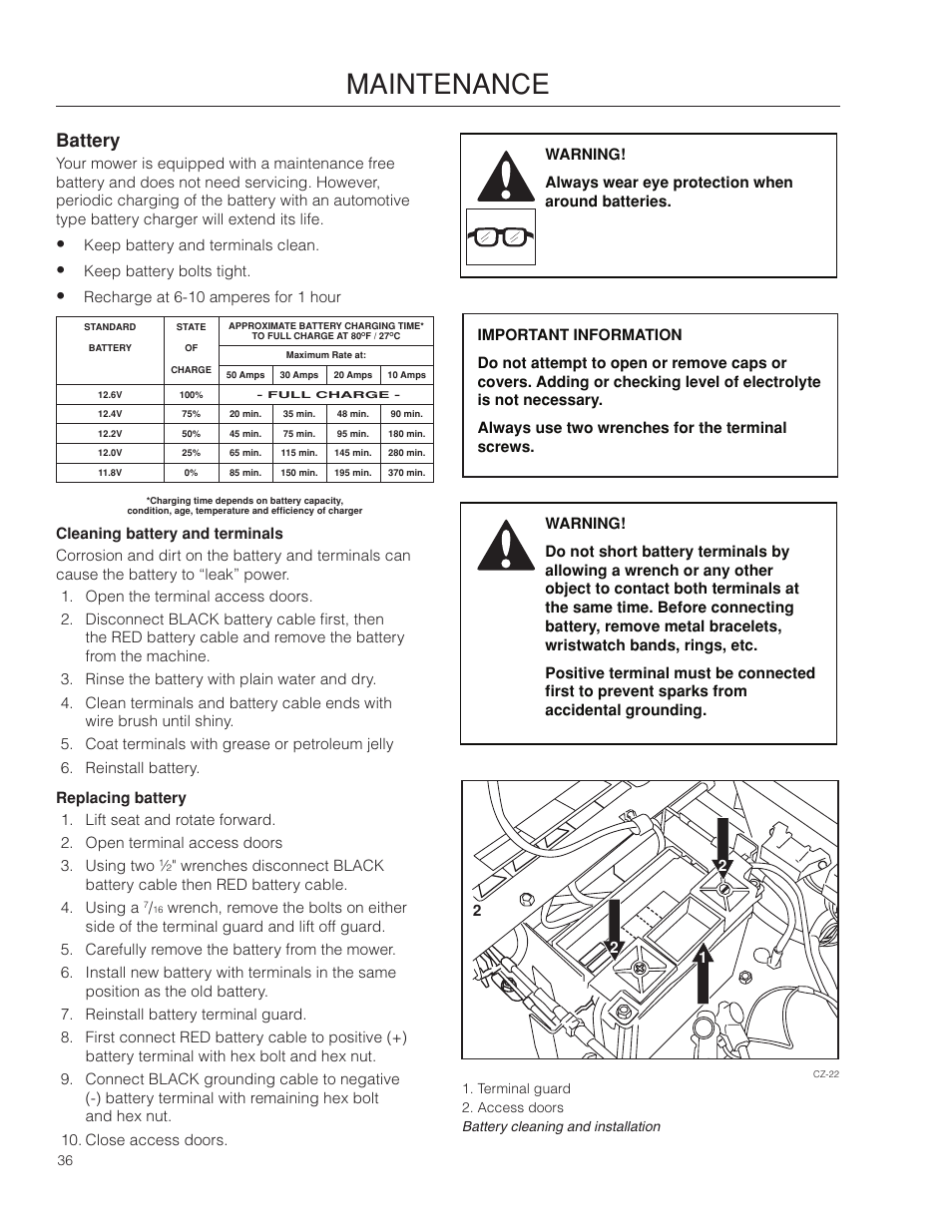 Battery, Maintenance | Dixon Kodiak SE 5225 KOH CE User Manual | Page 36 / 64