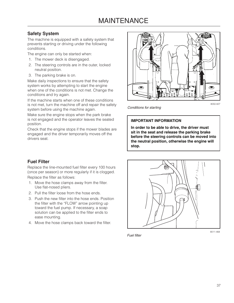 Safety system, Fuel filter, Maintenance | Dixon Kodiak SE 5225 KOH CE User Manual | Page 37 / 64