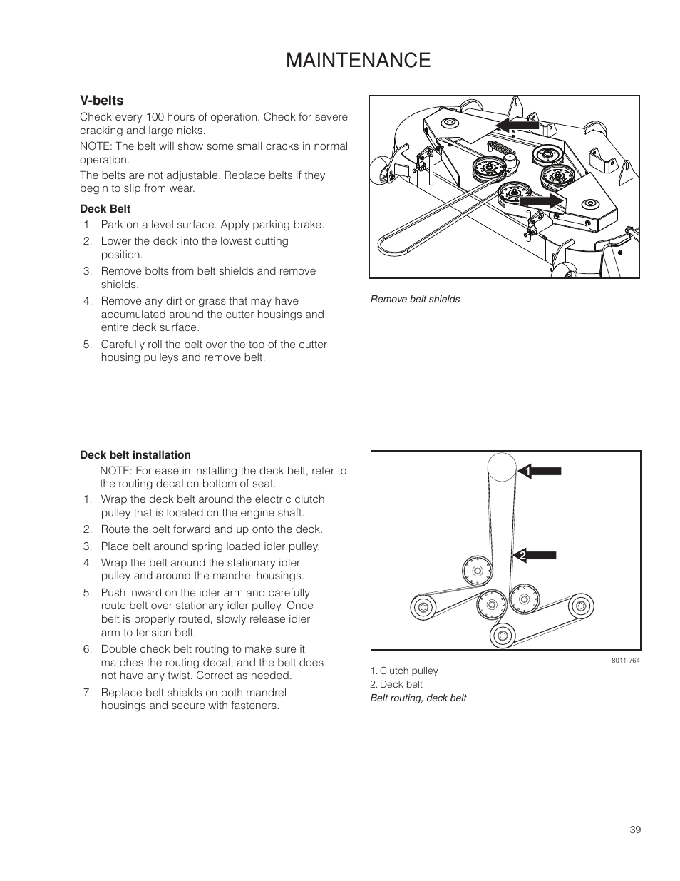 V-belts, Deck belt, Maintenance | Dixon Kodiak SE 5225 KOH CE User Manual | Page 39 / 64