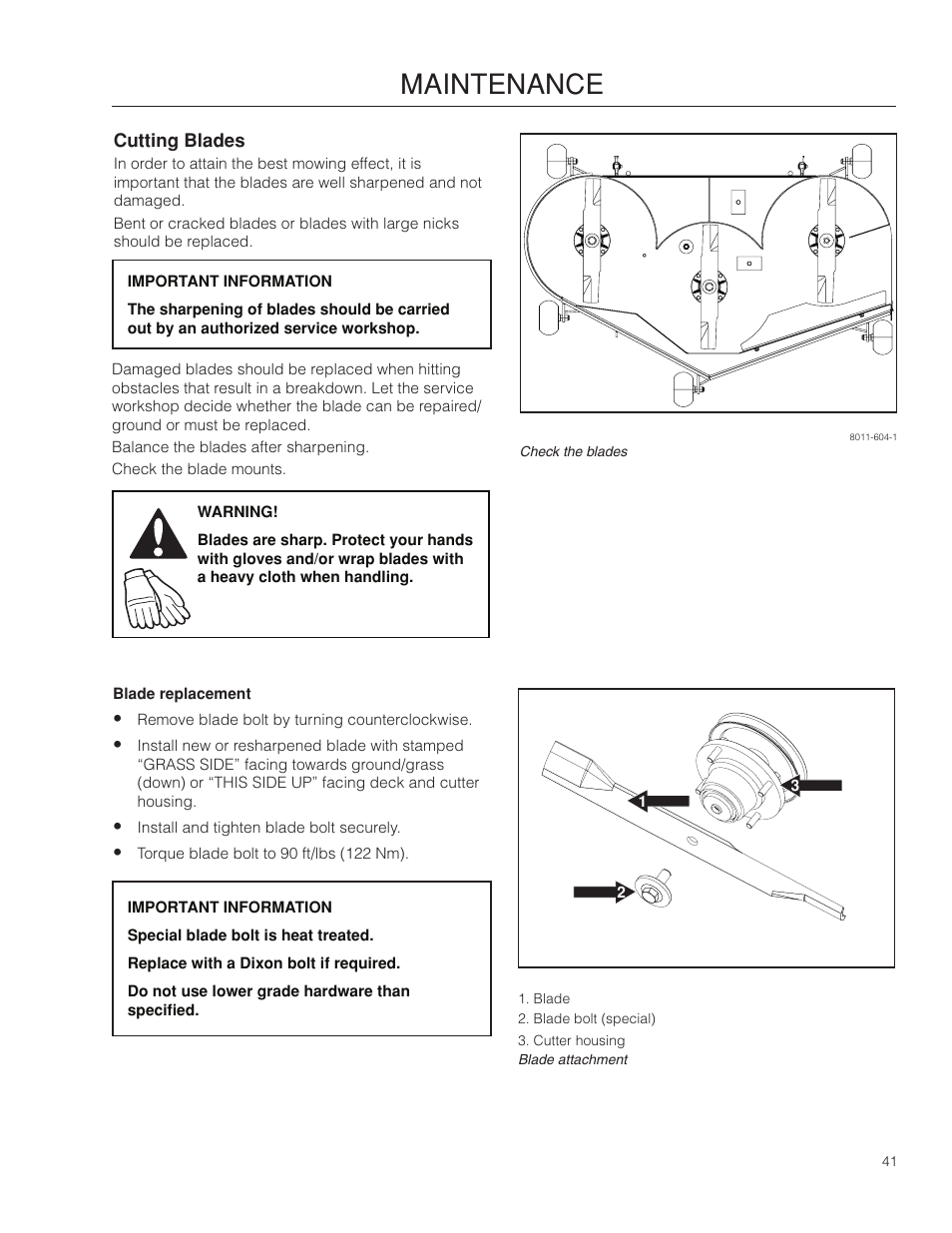 Cutting blades, Blade replacement, Maintenance | Dixon Kodiak SE 5225 KOH CE User Manual | Page 41 / 64