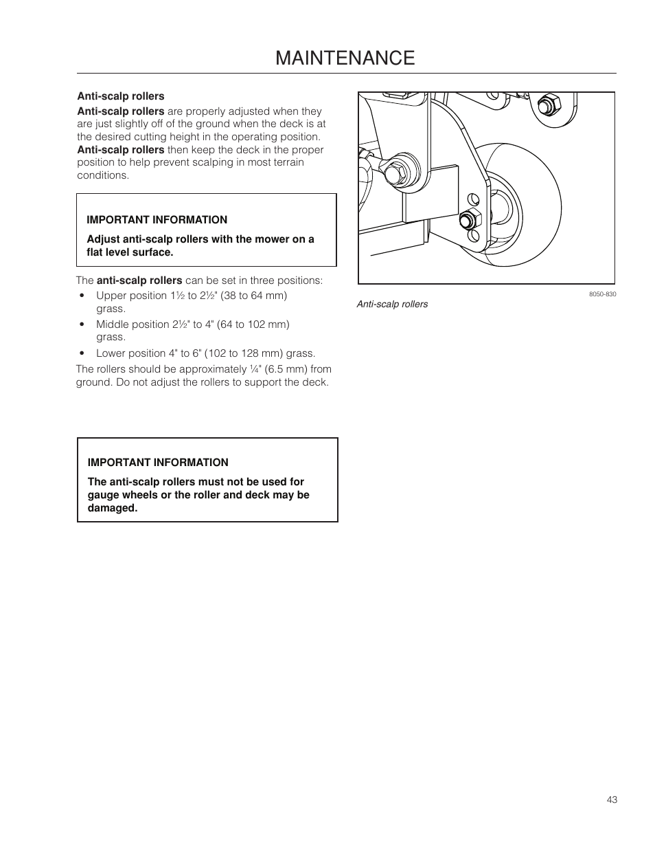 Anti-scalp rollers, Maintenance | Dixon Kodiak SE 5225 KOH CE User Manual | Page 43 / 64