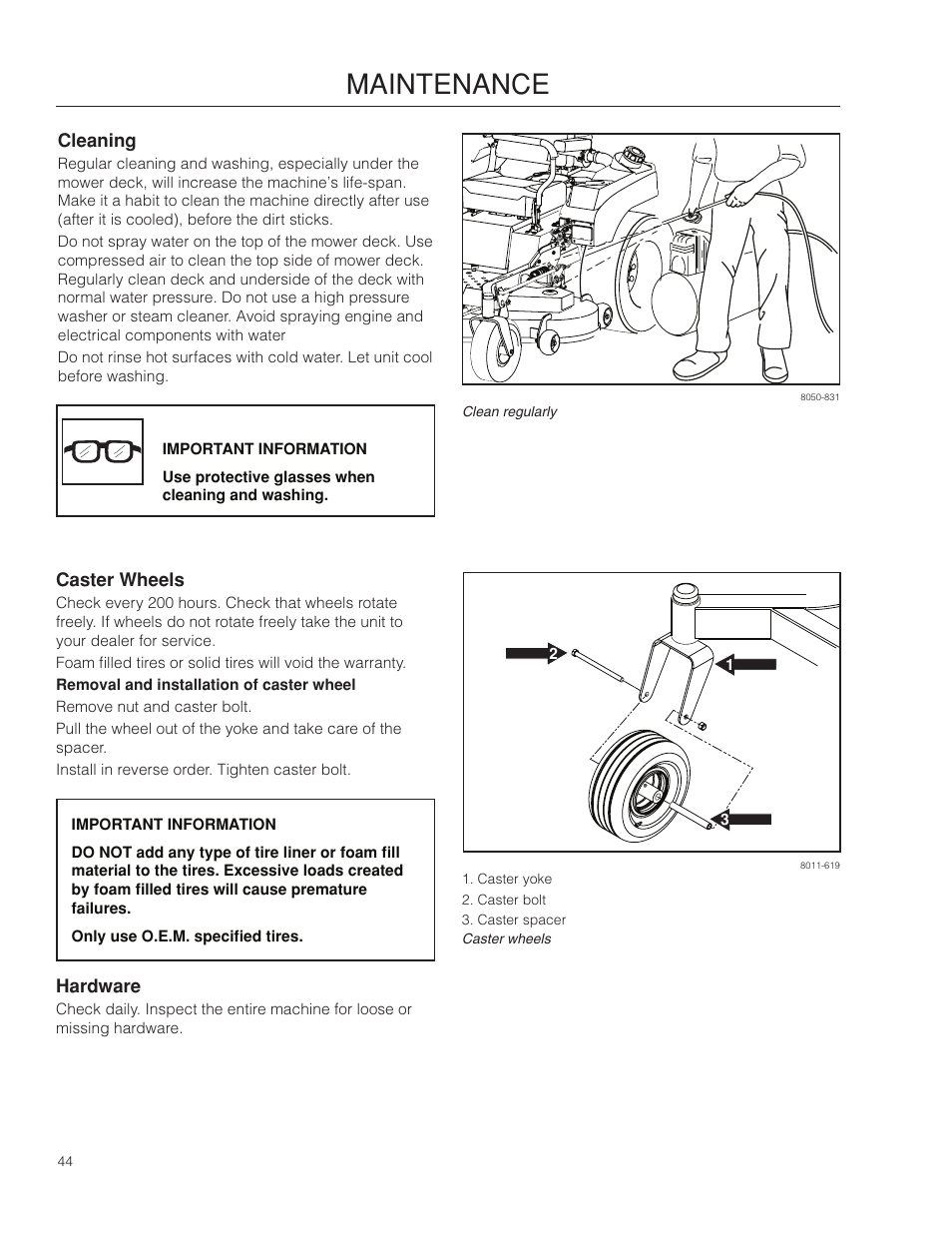 Cleaning, Caster wheels, Hardware | Maintenance | Dixon Kodiak SE 5225 KOH CE User Manual | Page 44 / 64