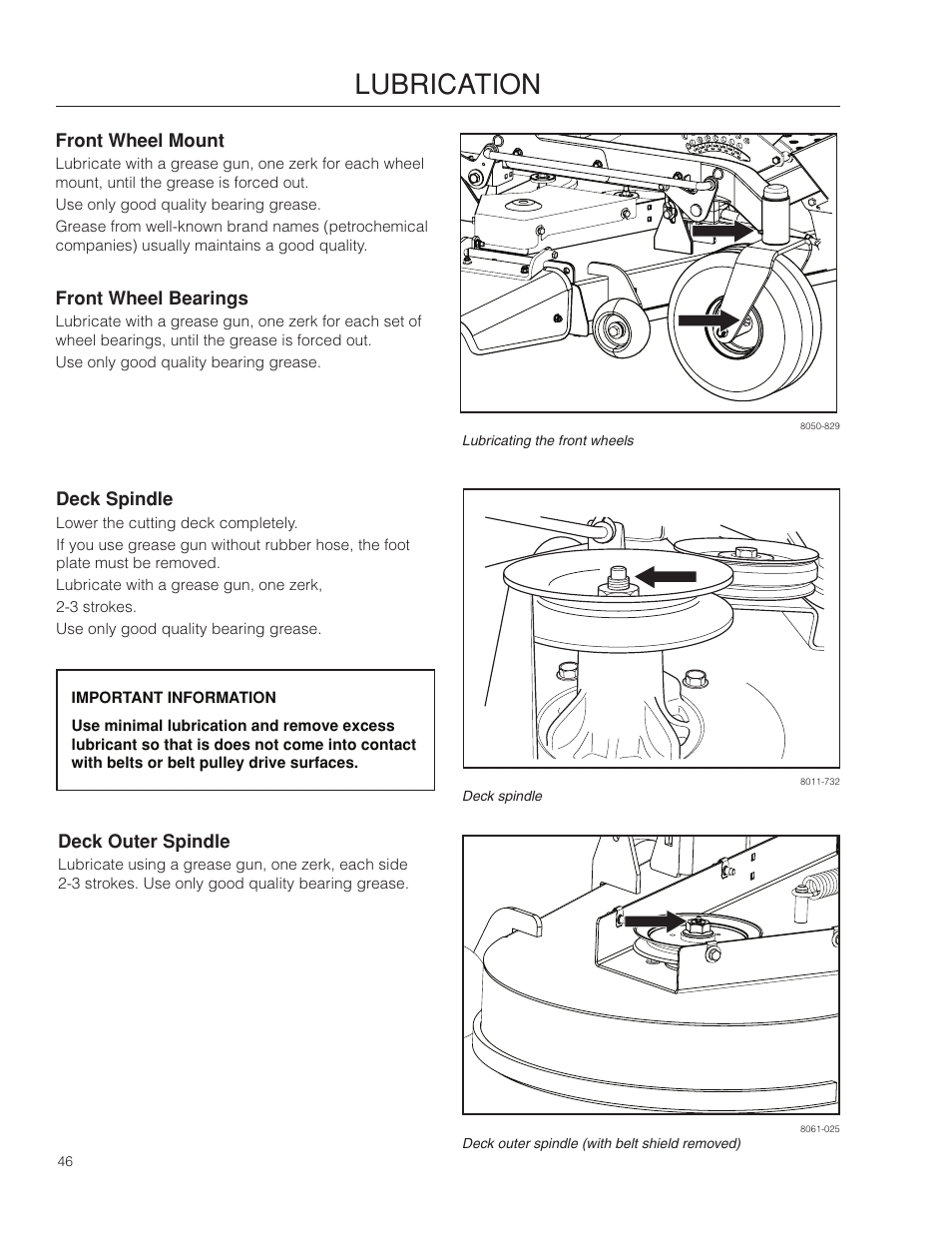 Front wheel mount, Front wheel bearings, Deck spindle | Deck outer spindle, Lubrication | Dixon Kodiak SE 5225 KOH CE User Manual | Page 46 / 64