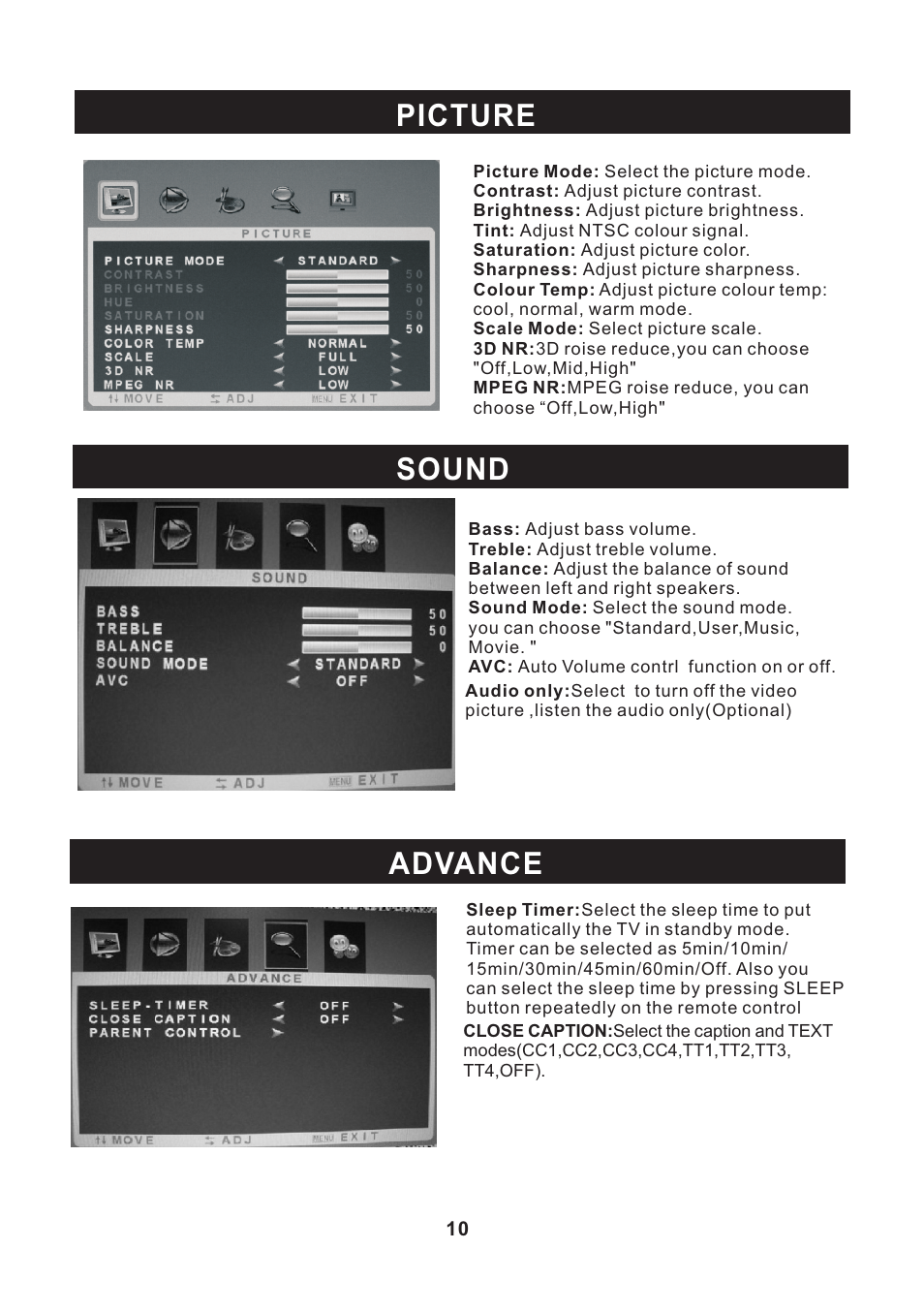 页 11, Picture sound, Advance | Curtis LCD2400E User Manual | Page 11 / 17