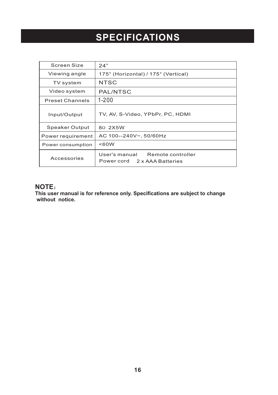 页 17, Specifications | Curtis LCD2400E User Manual | Page 17 / 17