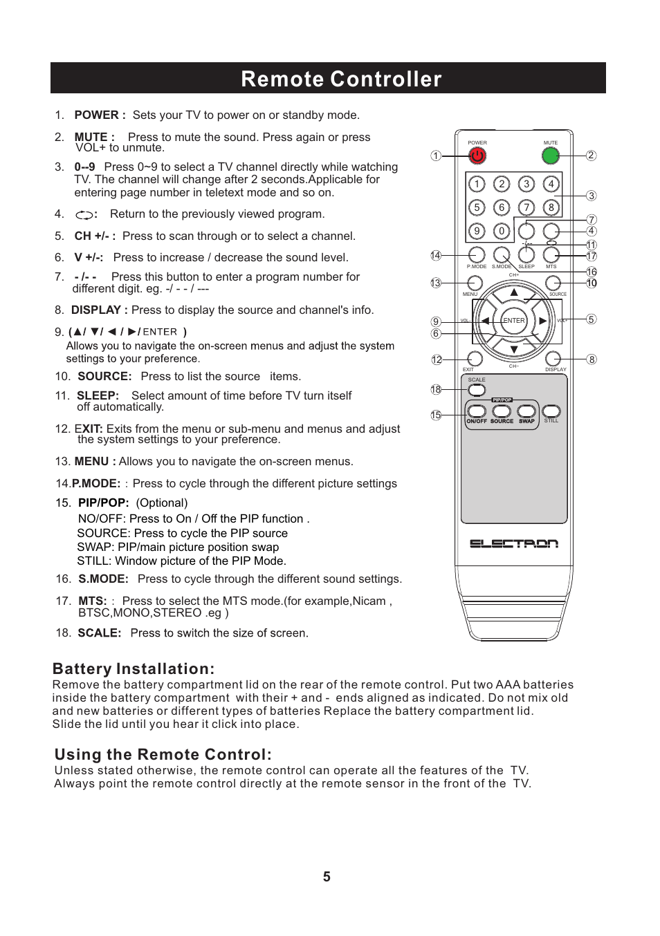 Remote controller, Battery installation, Using the remote control | Curtis LCD2400E User Manual | Page 6 / 17