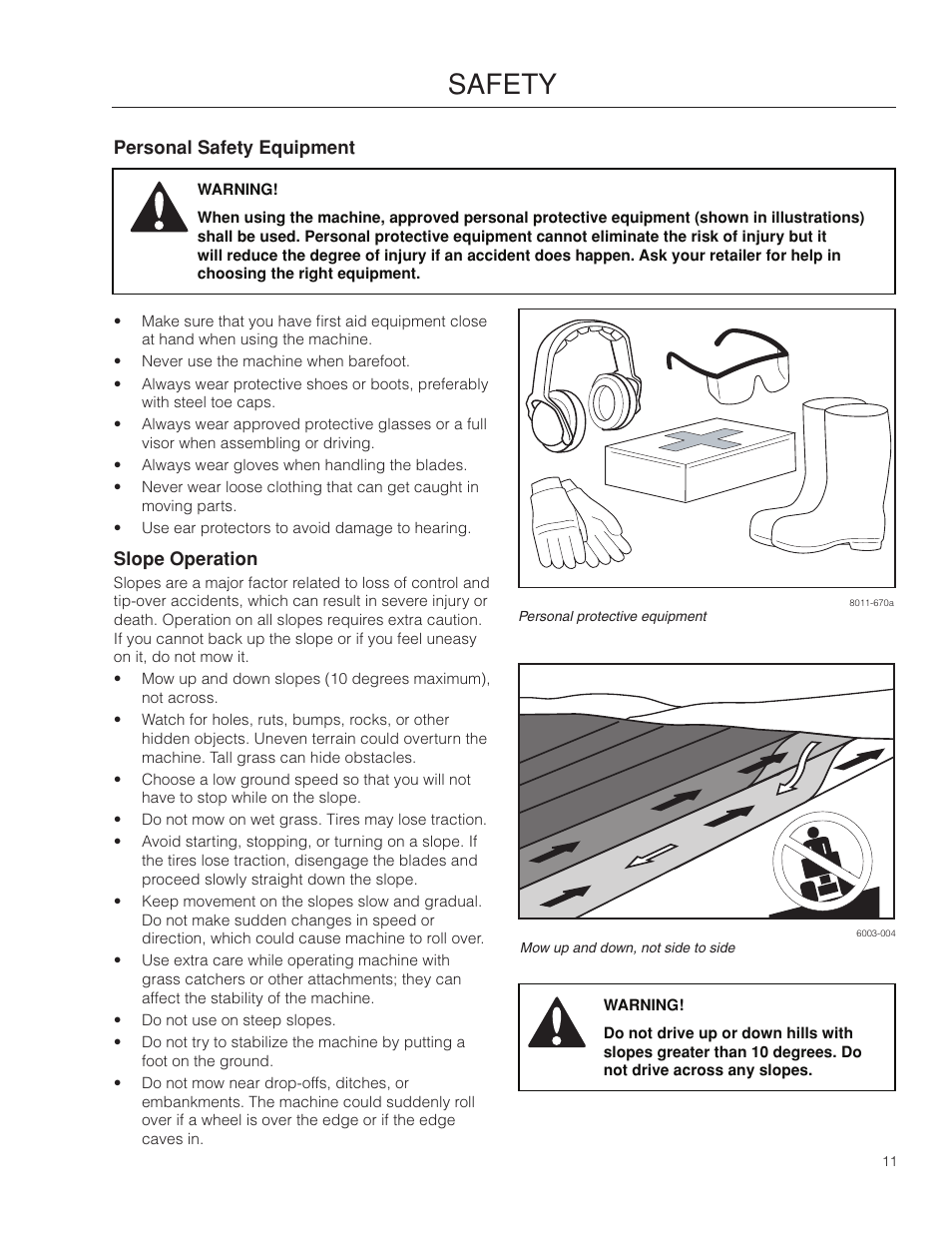 Personal safety equipment, Slope operation, Safety | Dixon 115 338927R1 User Manual | Page 11 / 56