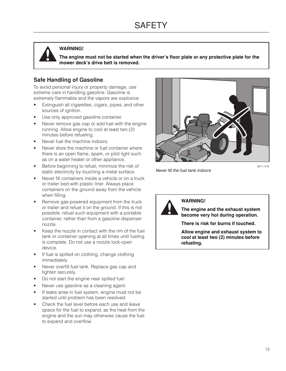 Safe handling of gasoline, Safety | Dixon 115 338927R1 User Manual | Page 13 / 56